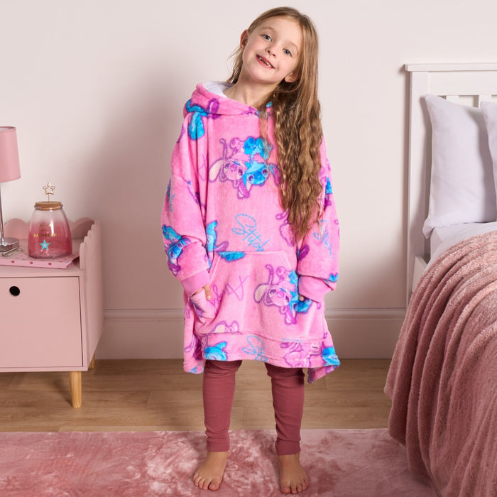 Kids Stitch & Angel Novelty Sherpa Hoodie Blanket - Pink 🇬🇧