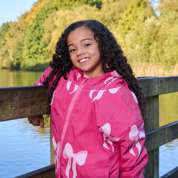Kids Water Resistant Bow Print Sherpa Drying Robe - Pink 🇬🇧