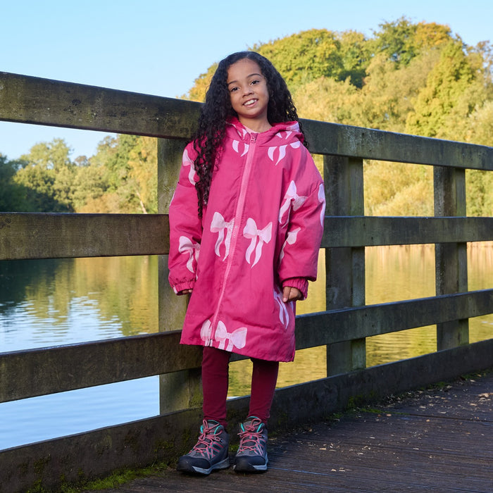 Kids Water Resistant Bow Print Sherpa Drying Robe - Pink 🇬🇧