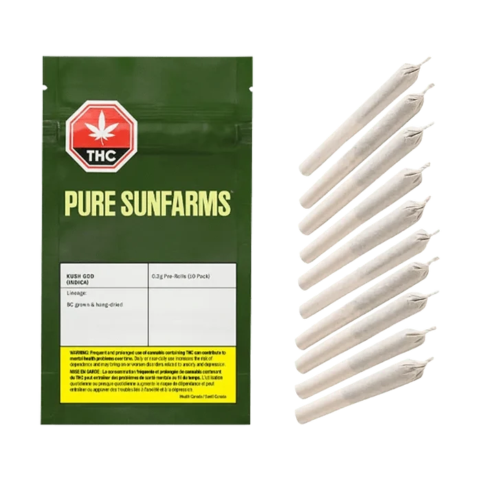 A close-up of the Kush God Pre Rolled 10 x 0.3g pre-roll packaging, featuring a bold black and white design with green accents.