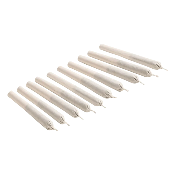 A top-down view of ten 0.3g Kush God Pre Rolled pre-rolls neatly aligned on a white surface.