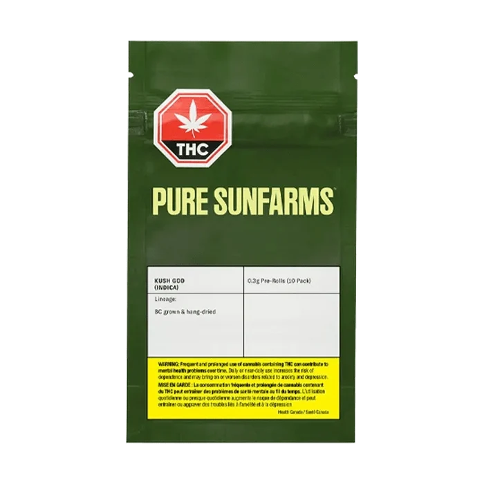 Front view of the Kush God Pre Rolled 10 x 0.3 g packaging, displaying bold text on a dark background.