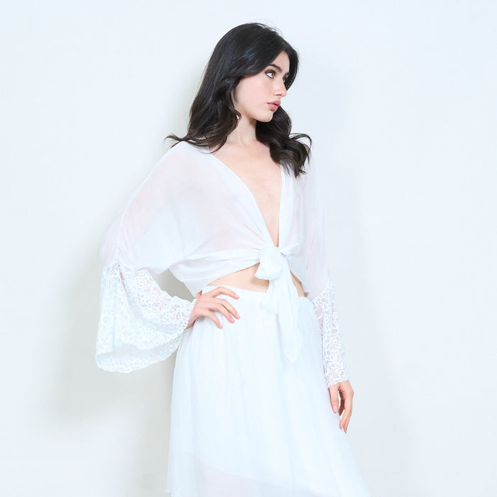 Lace cuff tie-front blouse wholesale