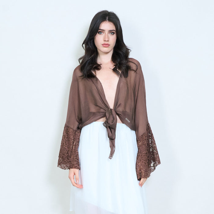 Lace cuff tie-front blouse wholesale