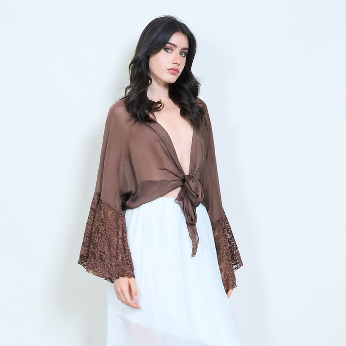 Lace cuff tie-front blouse wholesale
