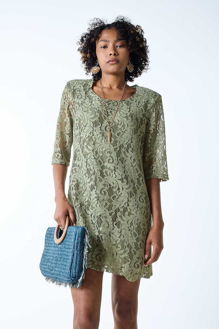 Lace overlay straight cut half sleeve mini dress wholesale