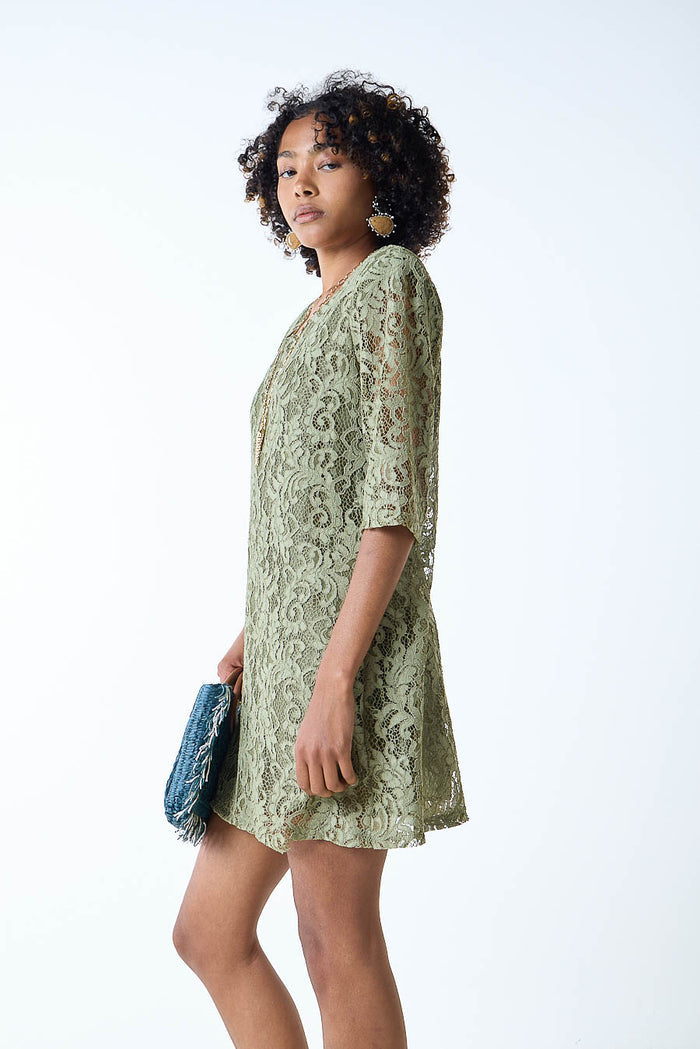 Lace overlay straight cut half sleeve mini dress wholesale