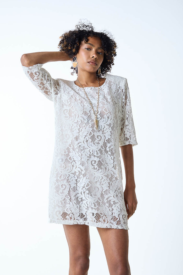 Lace overlay straight cut half sleeve mini dress wholesale