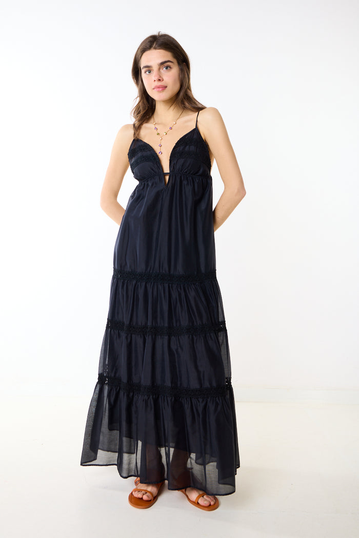 Lace panel tiered flowy maxi dress wholesale