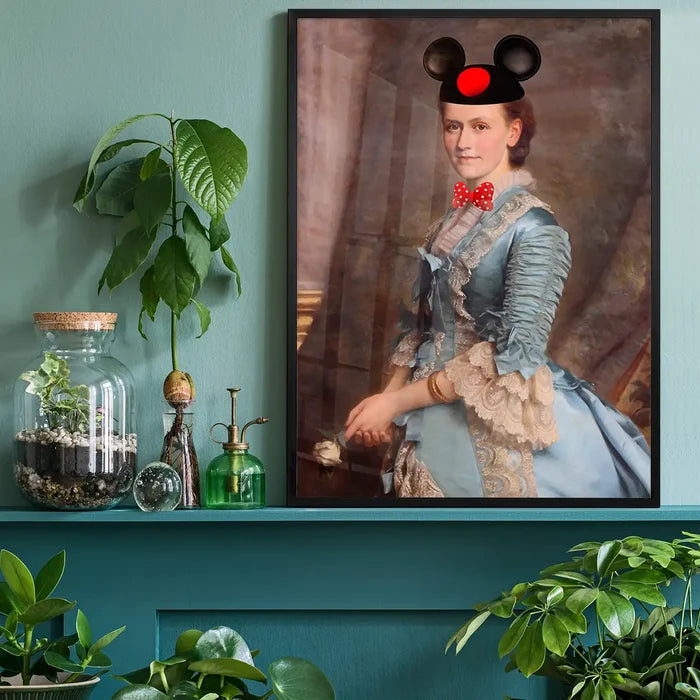 Lady With Minnie Ears Print, quirky altered art print black framed on a living room shelf