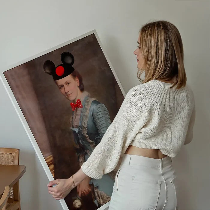 Lady With Minnie Ears Print held up against a living room wall