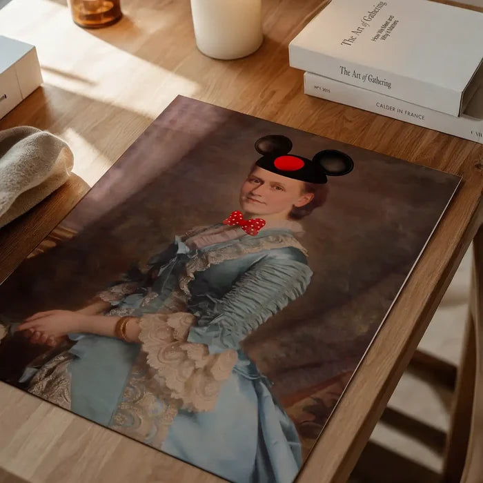 Lady With Minnie Ears Print, quirky altered art print unframed on a home office desk