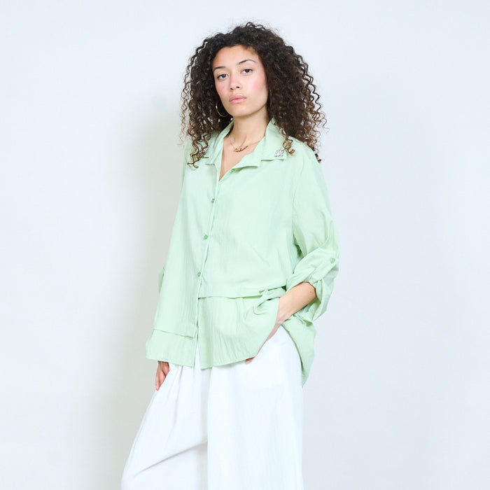 Layered button-up blouse with embellished collar detail wholesale