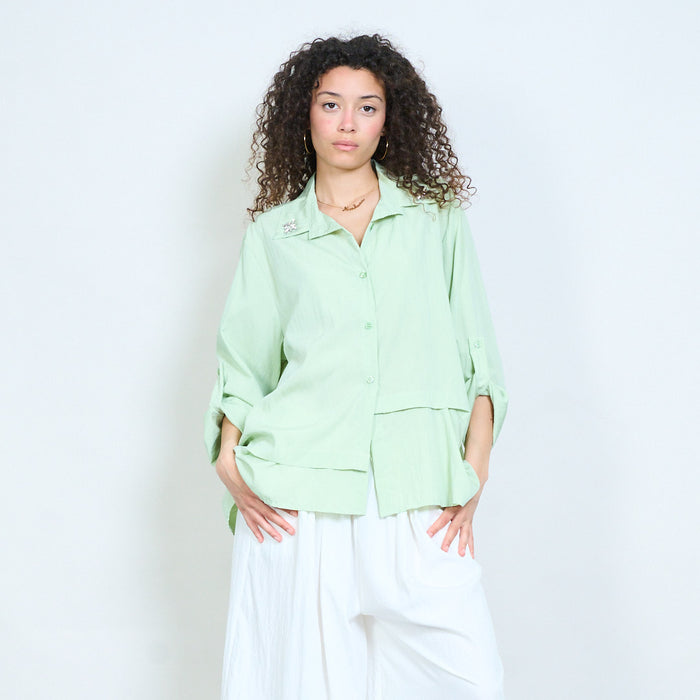 Layered button-up blouse with embellished collar detail wholesale