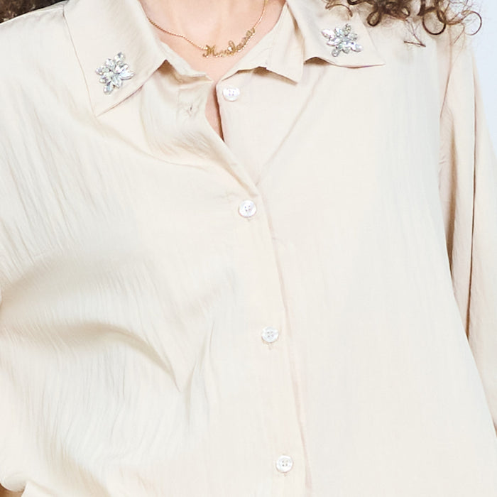 Layered button-up blouse with embellished collar detail wholesale