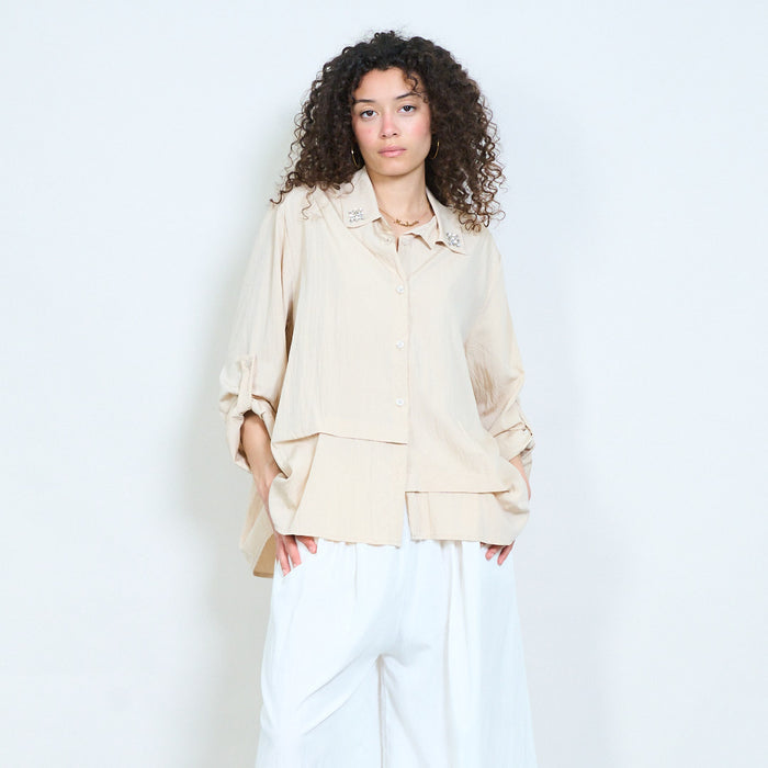 Layered button-up blouse with embellished collar detail wholesale