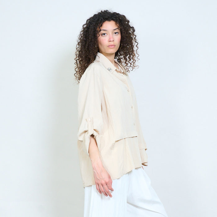 Layered button-up blouse with embellished collar detail wholesale