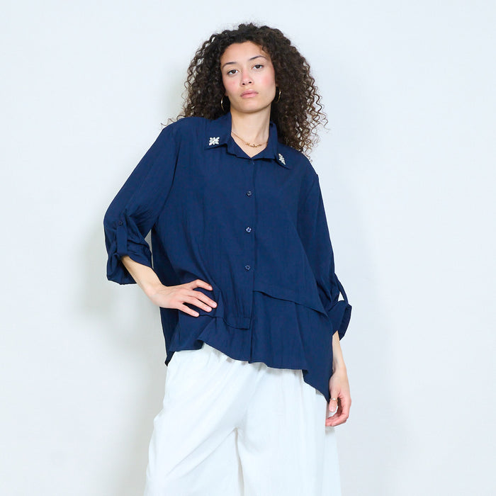 Layered button-up blouse with embellished collar detail wholesale