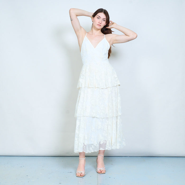 Layered lace v neck sleeveless maxi dress with tiered skirt wholesale
