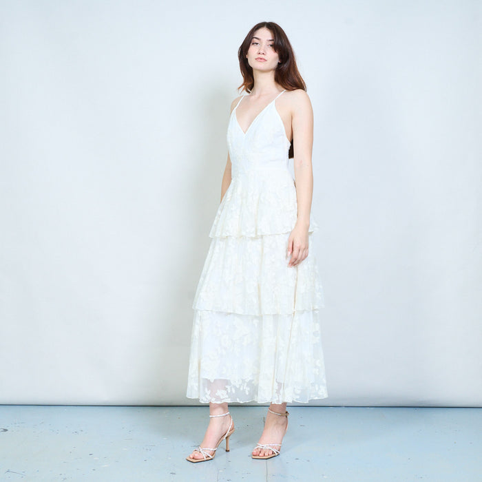 Layered lace v neck sleeveless maxi dress with tiered skirt wholesale
