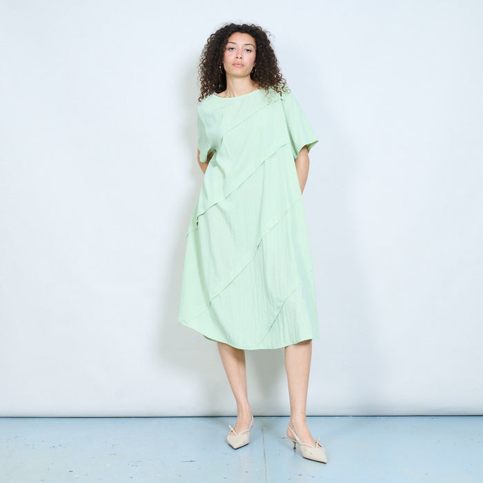 Layered panel loose fit midi dress with short sleeves and asymmetric seam detail wholesale