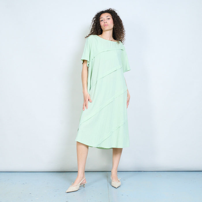 Layered panel loose fit midi dress with short sleeves and asymmetric seam detail wholesale