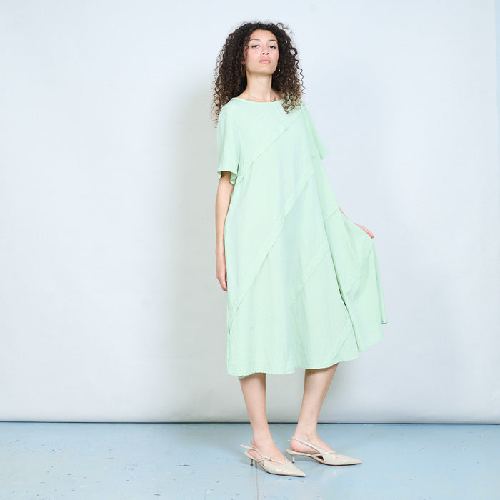 Layered panel loose fit midi dress with short sleeves and asymmetric seam detail wholesale