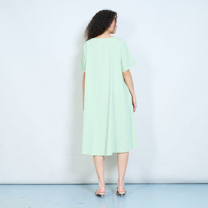 Layered panel loose fit midi dress with short sleeves and asymmetric seam detail wholesale