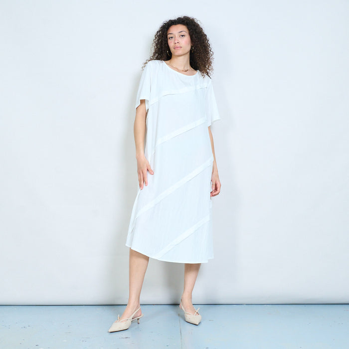 Layered panel loose fit midi dress with short sleeves and asymmetric seam detail wholesale