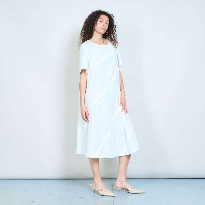 Layered panel loose fit midi dress with short sleeves and asymmetric seam detail wholesale