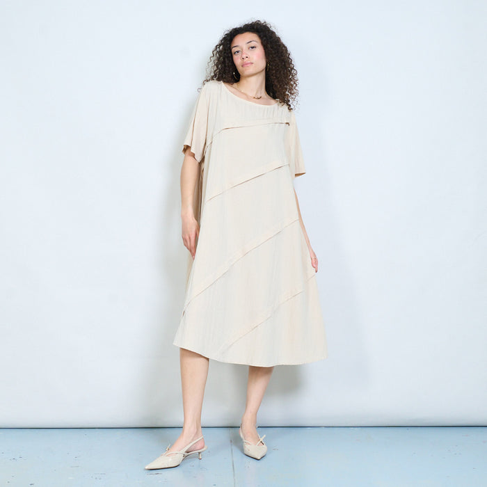 Layered panel loose fit midi dress with short sleeves and asymmetric seam detail wholesale