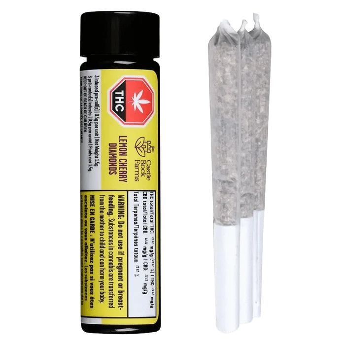 Close-up of Lemon Cherry Diamonds Infused Pre Rolled 3 x 0.5 g packaging with bold text and a dark background.