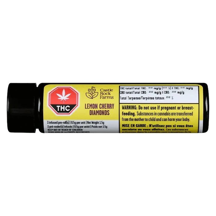 Close-up of the Lemon Cherry Diamonds Infused Pre Rolled 3 x 0.5 g packaging against a dark background, displaying product information.