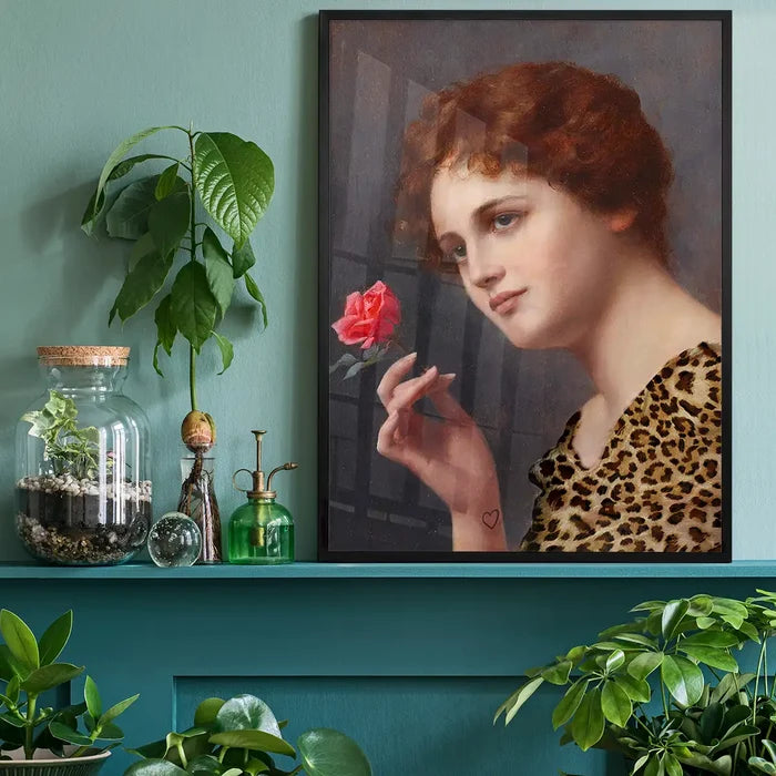 Leopard Print Lady Painting Print, quirky altered art print black framed on a living room shelf