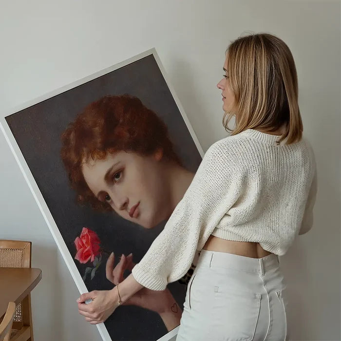 Leopard Print Lady Painting Print held up against a living room wall