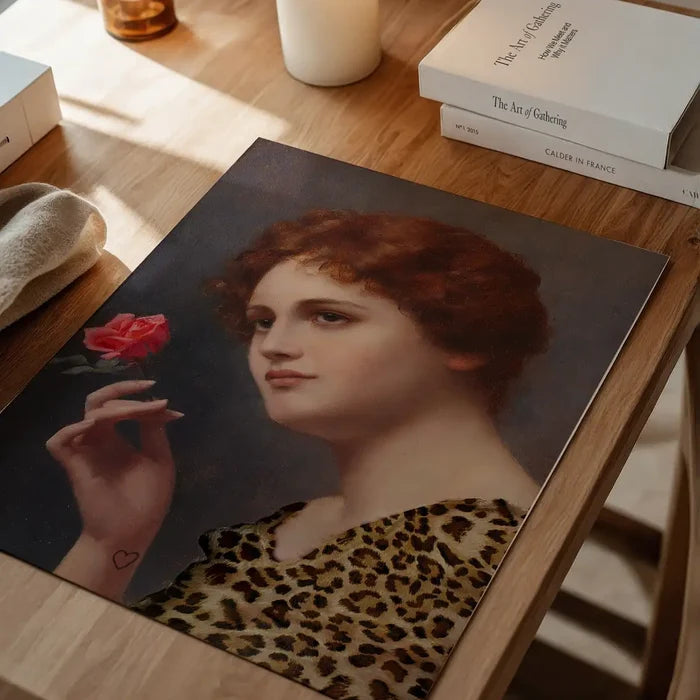 Leopard Print Lady Painting Print, quirky altered art print unframed on a home office desk