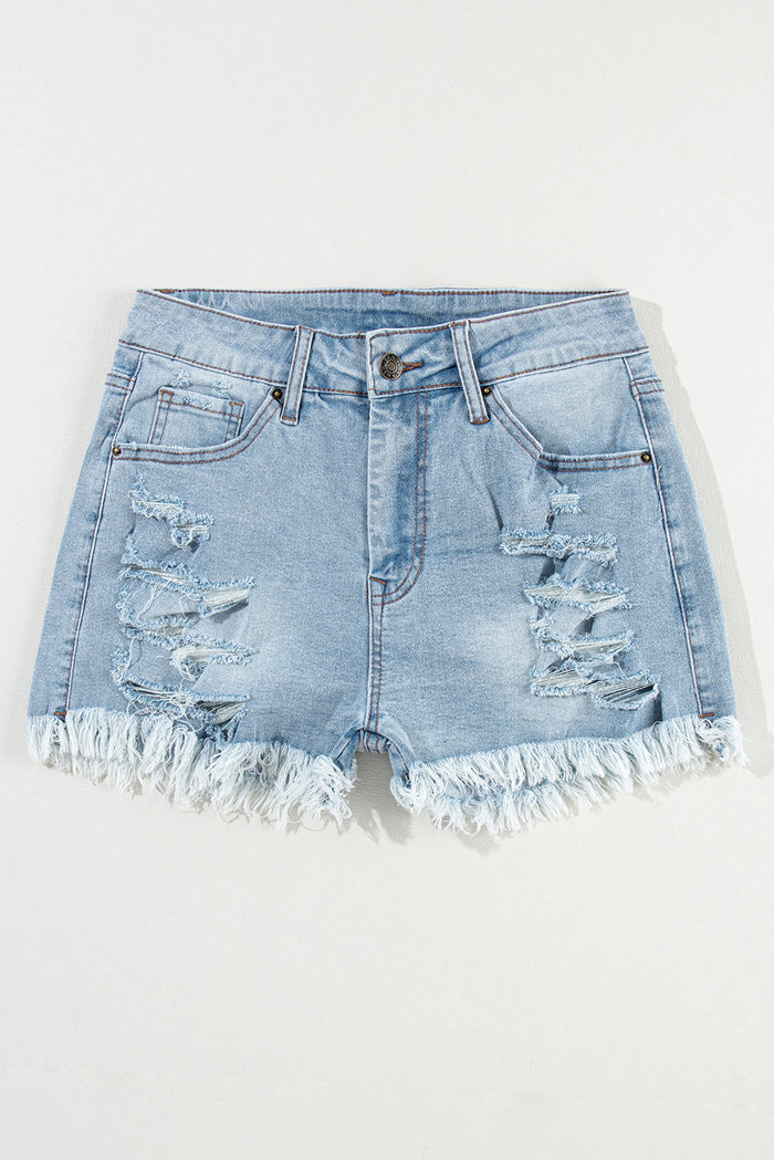 Light Blue Distressed Ripped Raw Hem High Waist Denim Shorts 🇨🇳