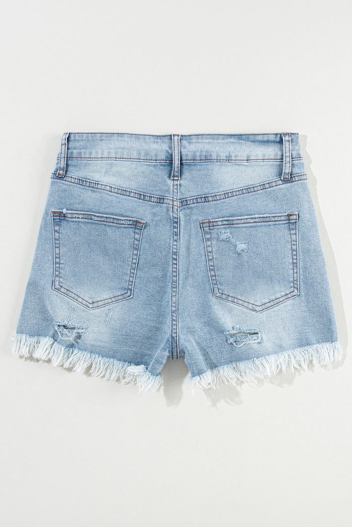 Light Blue Distressed Ripped Raw Hem High Waist Denim Shorts 🇨🇳