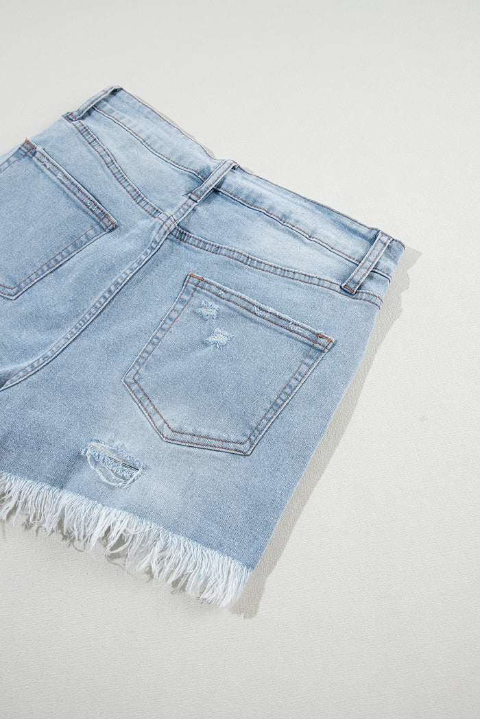 Light Blue Distressed Ripped Raw Hem High Waist Denim Shorts 🇨🇳