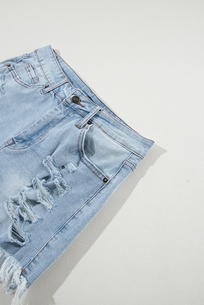 Light Blue Distressed Ripped Raw Hem High Waist Denim Shorts 🇨🇳