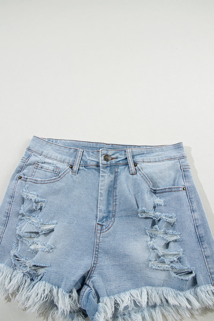 Light Blue Distressed Ripped Raw Hem High Waist Denim Shorts 🇨🇳