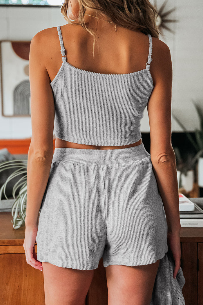 Light Grey 3 Pieces Rib Crop Camisole Matching Shorts Lounge Set with Cardigan 🇺🇸