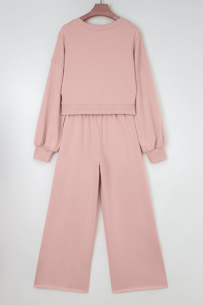 Light Pink Drop Shoulder Puff Sleeve Crop Pullover Drawstring Wide Leg Pants Set 🇺🇸