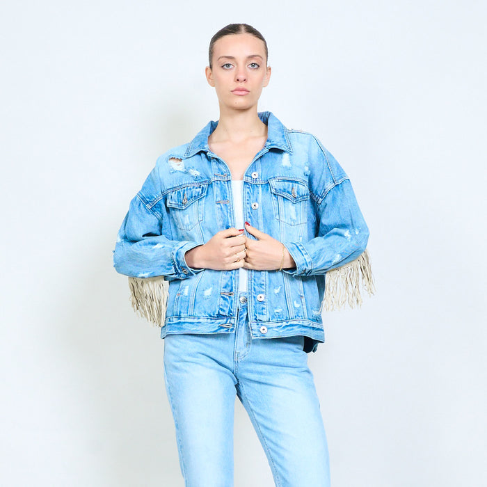 Lightwash denim embellished embroidered fringe back jacket wholesale
