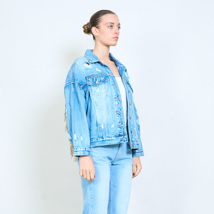 Lightwash denim embellished embroidered fringe back jacket wholesale