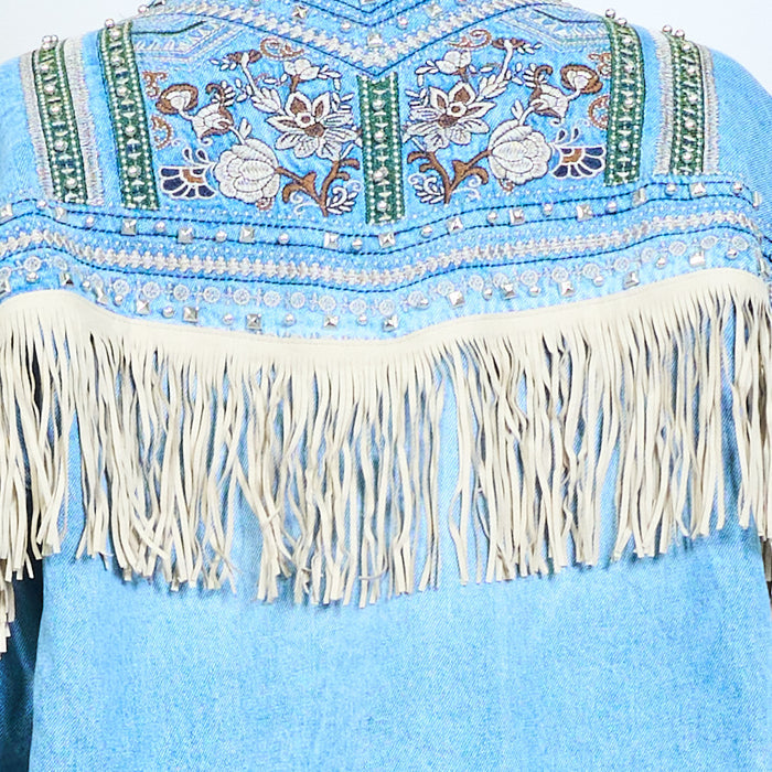 Lightwash denim embellished embroidered fringe back jacket wholesale