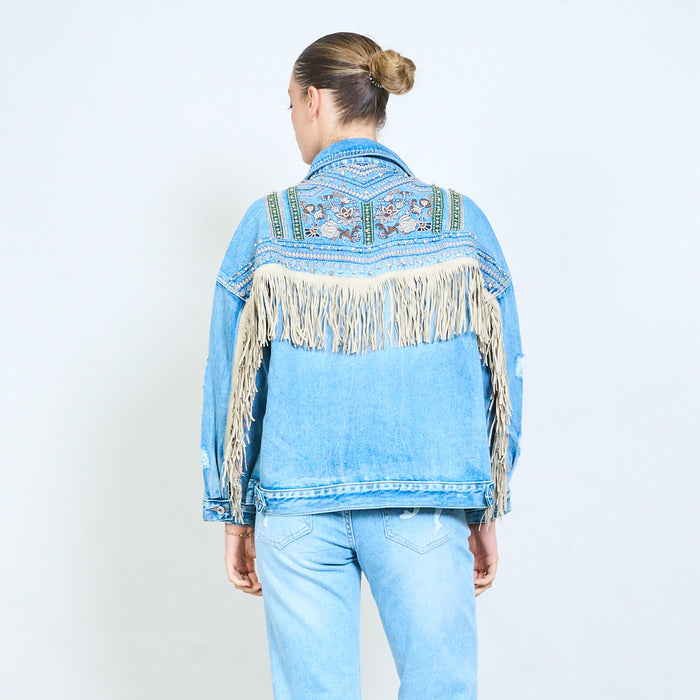 Lightwash denim embellished embroidered fringe back jacket wholesale