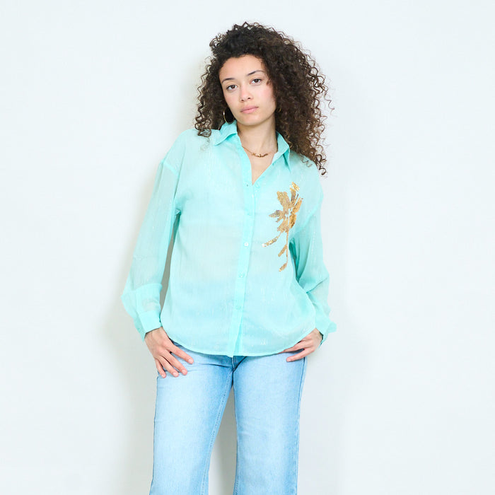 Lightweight mint sheer blouse with gold palm sequin detail wholesale