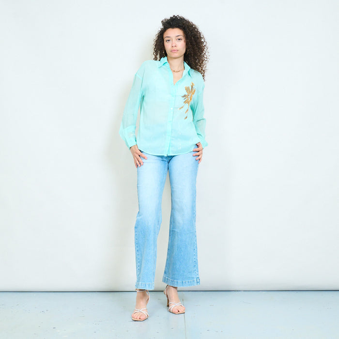 Lightweight mint sheer blouse with gold palm sequin detail wholesale
