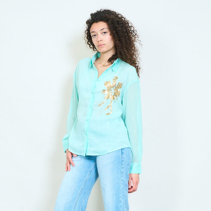 Lightweight mint sheer blouse with gold palm sequin detail wholesale